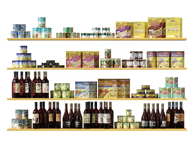 Display Shelves Featuring Assorted Food Products Canned Goods Bottled Beverages And Boxed Items 3d model