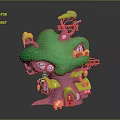 Whimsical Cartoon Treehouse Scene With Green Canopy Pink Trunk Red Door Windows And Little Houses