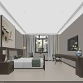 Modern Minimalist Bedroom Interior With Bed Nightstand Lamp Wall Painting TV And Desk