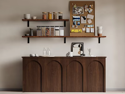 Wooden Sideboard with Arched Doors and Floating Shelves Featuring Corkboard Water Bottles Coffee Maker and Cups 3d model