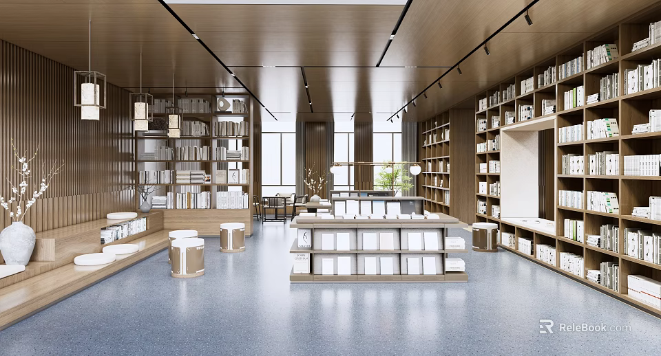 Book Art Themed Bookstore Interior With Wooden Bookshelves Large Windows And Display Tables 3d model 