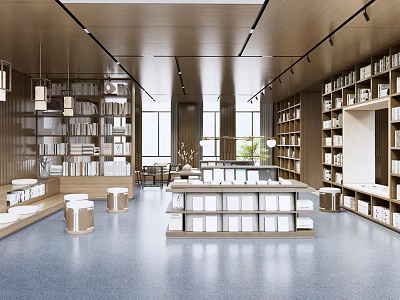 Book Art Themed Bookstore Interior With Wooden Bookshelves Large Windows And Display Tables 3d model
