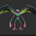 Colorful Character Creature 3D Model With Bat Like Wings Long Limbs And Pink Claws