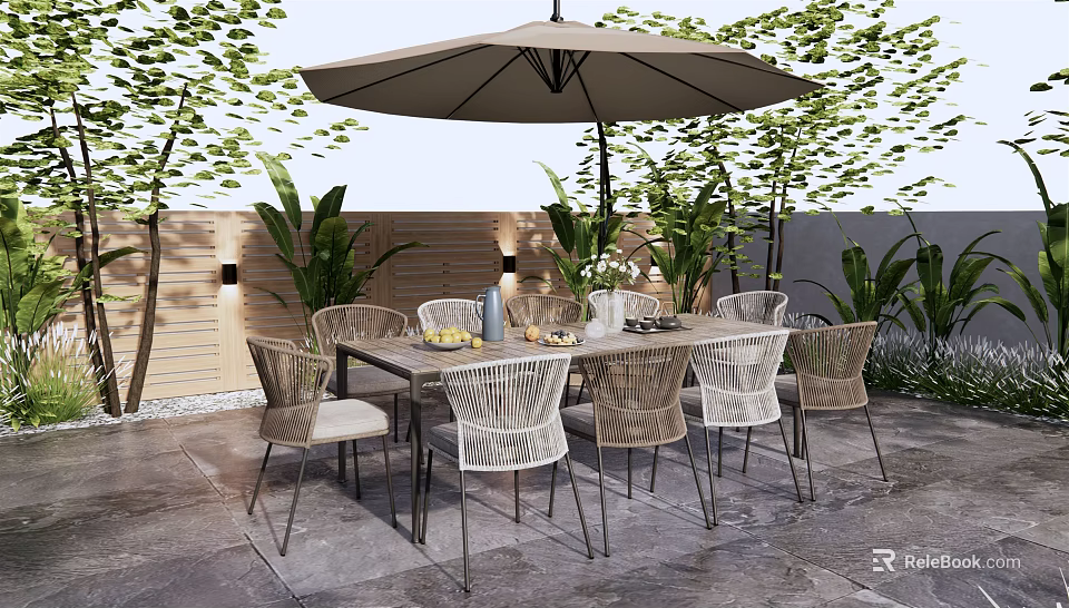 Outdoor Patio Table And Chairs Set With Umbrella Plants Wooden Wall Stone Floor 3d model 