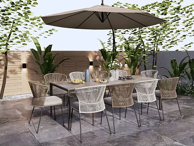 Outdoor Patio Table And Chairs Set With Umbrella Plants Wooden Wall Stone Floor 3d model