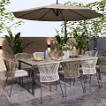 Outdoor Patio Table And Chairs Set With Umbrella Plants Wooden Wall Stone Floor