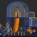 Interactive Playground Area With Blue Orange Slides Climbing Structures Green Lawn And Children 3d model