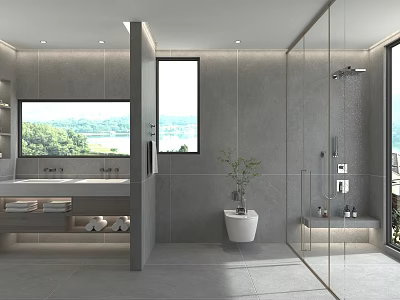 Modern Minimalist Grey Tiled Bathroom Interior With Double Sink View Window And Frameless Glass Shower 3d model