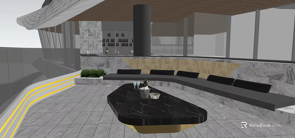 Modern Garden Landscape With Wooden Ceiling Marble Table Seating And Green Plants 3d model 