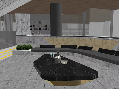 Modern Garden Landscape With Wooden Ceiling Marble Table Seating And Green Plants 3d model