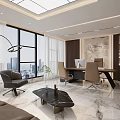 Modern Office Interior Design With Large Windows City View Sofa Desk Plant And Pendant Light