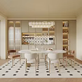 Elegant Restaurant Interior With White Dining Table Mixed Chairs Pendant Light And Geometric Rug 3d model