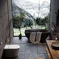 Modern Bathroom Interior With Large Window Mountain View Round Mirror And Green Plant