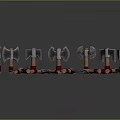 Various Axes with Red Wooden Handles and Metal Heads Arranged on Gray Background with Reflections