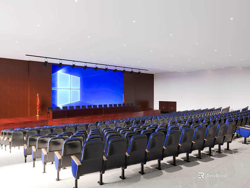 Bright Spacious Conference Room With Large Screen Windows Logo Wooden Backdrop And Arranged Chairs 3d model 