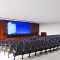 Bright Spacious Conference Room With Large Screen Windows Logo Wooden Backdrop And Arranged Chairs