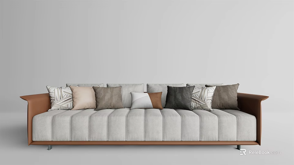Modern Gray Multi Person Sofa With Brown Armrest And Decorative Pillows 3d model