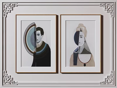Abstract Portrait Wall Art With Golden Frames And Decorative Border Design 3d model
