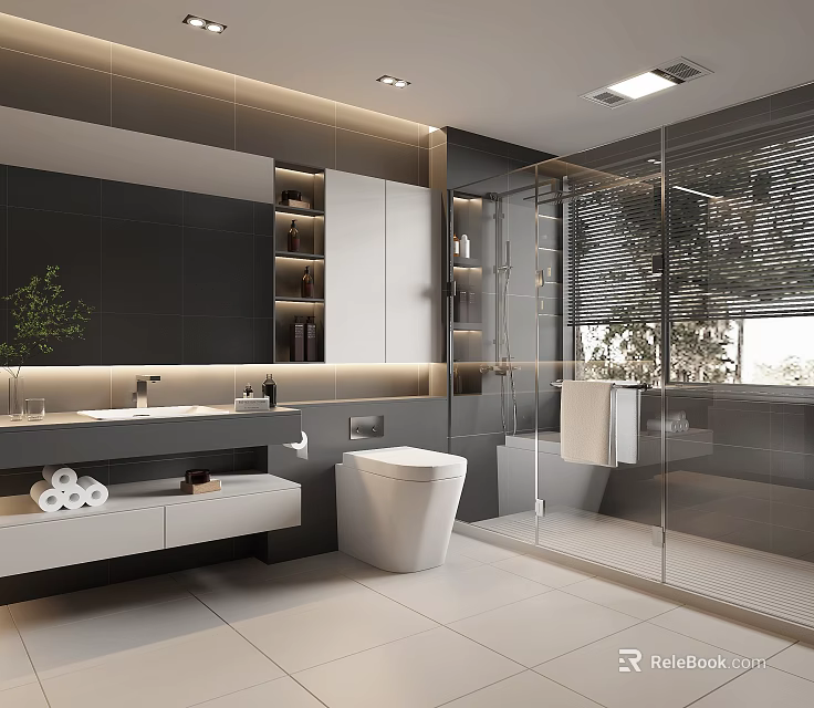 Modern Bathroom Interior Design With Large Mirror Wall Mounted Vanity And Glass Shower Enclosure 3d model 