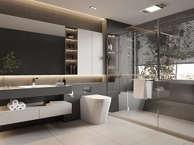 Modern Bathroom Interior Design With Large Mirror Wall Mounted Vanity And Glass Shower Enclosure 3d model