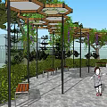 Outdoor Pergola Covered With Green Vines And Purple Flowers With Wooden Benches And Stone Floor