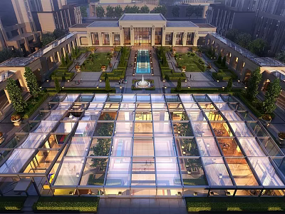 Luxury Rooftop Garden With Glass Roof Fountain Greenery And Architecture 3d model
