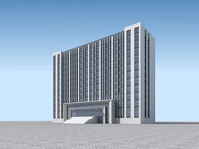 Modern Office Building With Glass Curtain Walls Vertical Lines Grand Entrance Plaza Under Blue Sky 3d model
