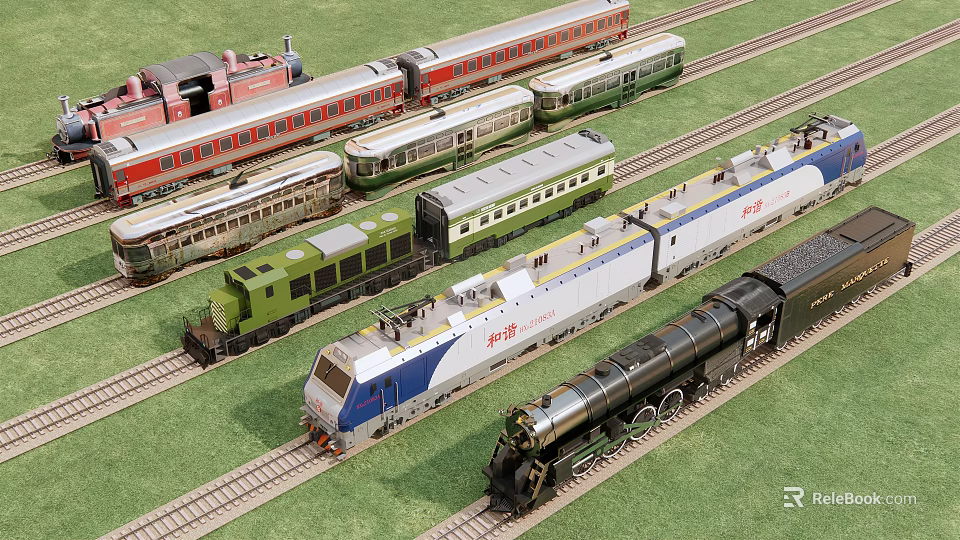 Colorful Vintage And Modern Train Models On Railway Tracks With Multiple Carriages 3d model 