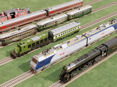 Colorful Vintage And Modern Train Models On Railway Tracks With Multiple Carriages 3d model