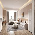 Modern Apartment Interior With Bed Sofa Desk Chair Open Kitchen And Glass Wardrobe