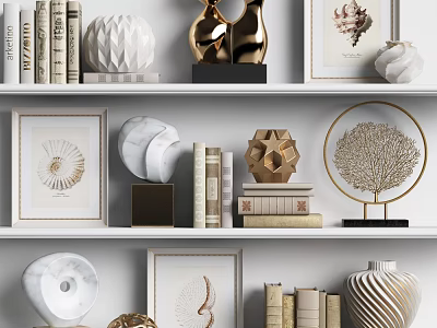 Elegant Ornamental Decor Collection Featuring Gold Sculptures Geometric Decor Shell Art And Books On Shelves 3d model