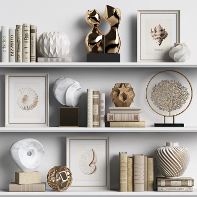 Elegant Ornamental Decor Collection Featuring Gold Sculptures Geometric Decor Shell Art And Books On Shelves 3d model