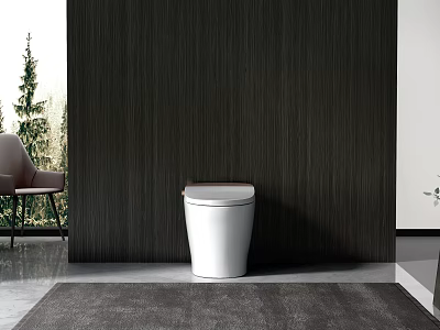 Modern White Toilet In Contemporary Interior With Dark Wood Grain Wall And Minimalist Decor 3d model