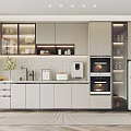 Modern Kitchen With Light Gray Upper Lower Cabinets Open Shelves And White Countertop 3d model