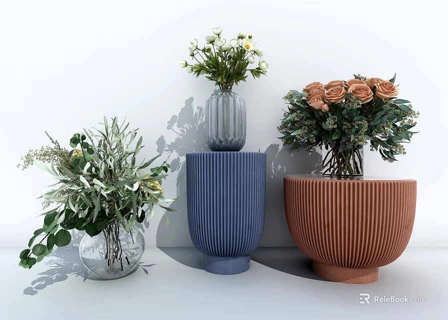 Glass Blue Striped And Brown Bowl Vases With Green Plants White Flowers Pink Roses 3d model 