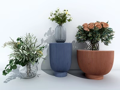 Glass Blue Striped And Brown Bowl Vases With Green Plants White Flowers Pink Roses 3d model