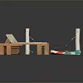 Beach Setup Featuring Wooden Lounge Chair With White Cushion Wooden Chest Hammock And Colorful Surfboard