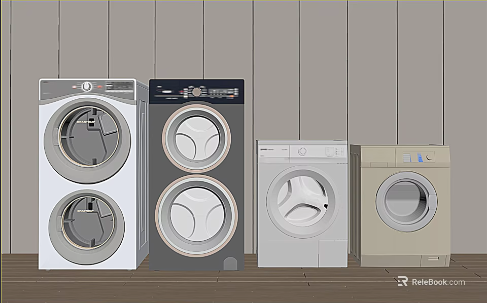 Various Styles And Colors Washing Machines Arranged Side By Side Against Wooden Wall And Floor 3d model 
