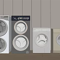 Various Styles And Colors Washing Machines Arranged Side By Side Against Wooden Wall And Floor
