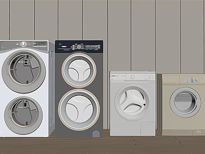 Various Styles And Colors Washing Machines Arranged Side By Side Against Wooden Wall And Floor 3d model