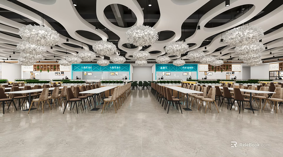 Spacious Restaurant Interior With White Wavy Ceiling Chandeliers Long Tables And Brown Chairs 3d model