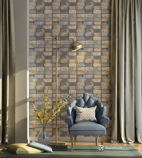 Blue Armchair with Pillow Against Colorful Brick Wall with Floor Lamp and Yellow Flower Plant 3d model 