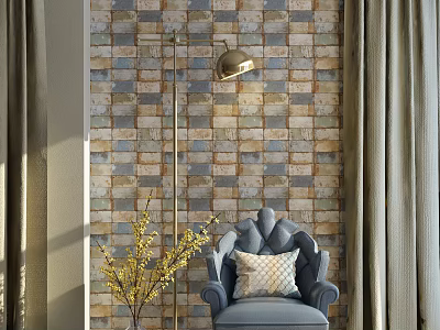 Blue Armchair with Pillow Against Colorful Brick Wall with Floor Lamp and Yellow Flower Plant 3d model