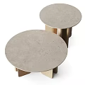 Two Round Coffee Tables With Light Colored Stone Tops And Wooden Column Bases
