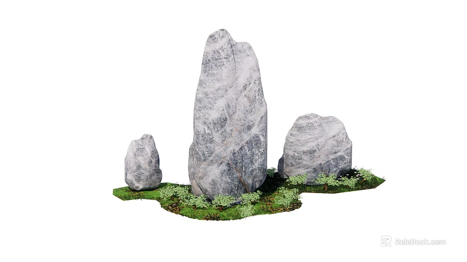 Natural Stone and Wood Garden Decor With Three Rocks and Green Plants 3d model 