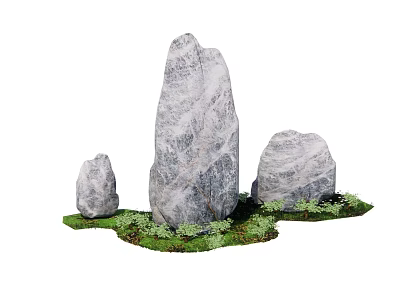 Natural Stone and Wood Garden Decor With Three Rocks and Green Plants 3d model