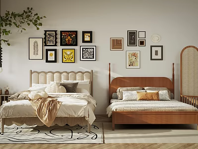 Two Double Beds With Upholstered Headboard And Wooden Frame Decorative Wall Art Green Plants 3d model