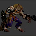 Orc Warrior Creature With Lion Head Muscular Body Orange Torso Purple Pants And Claw Weapons