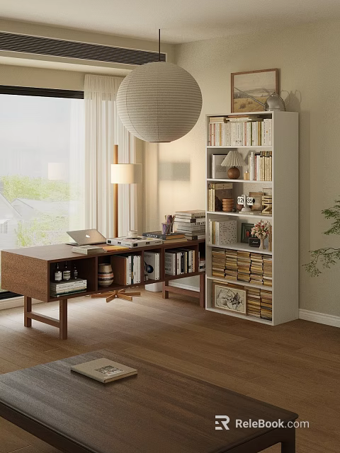Stylish Home Office Bookcase With Books Decorations Lamp And Laptop On Desk 3d model 