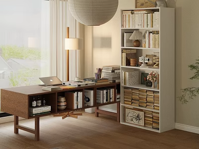 Stylish Home Office Bookcase With Books Decorations Lamp And Laptop On Desk 3d model